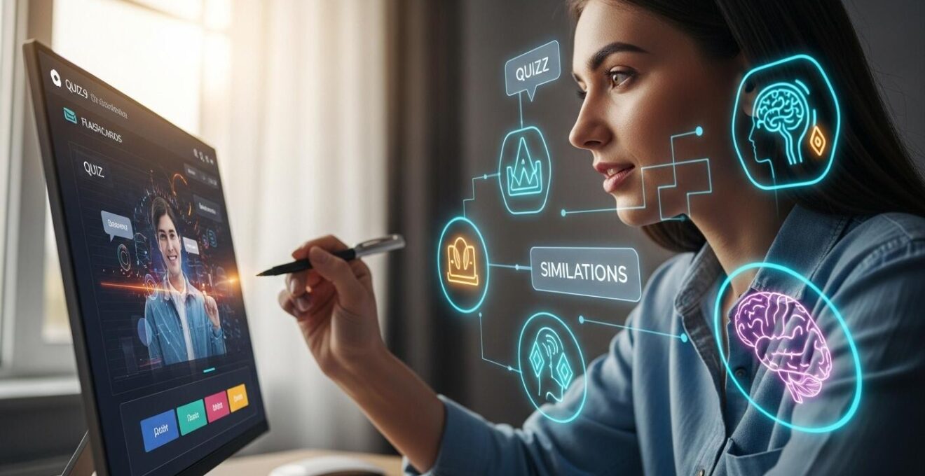 Illustration représentant une personne apprenant activement avec des ressources digitales interactives, entourée de symboles liés à la cognition et à la vitesse d'apprentissage
