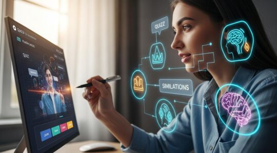Illustration représentant une personne apprenant activement avec des ressources digitales interactives, entourée de symboles liés à la cognition et à la vitesse d'apprentissage