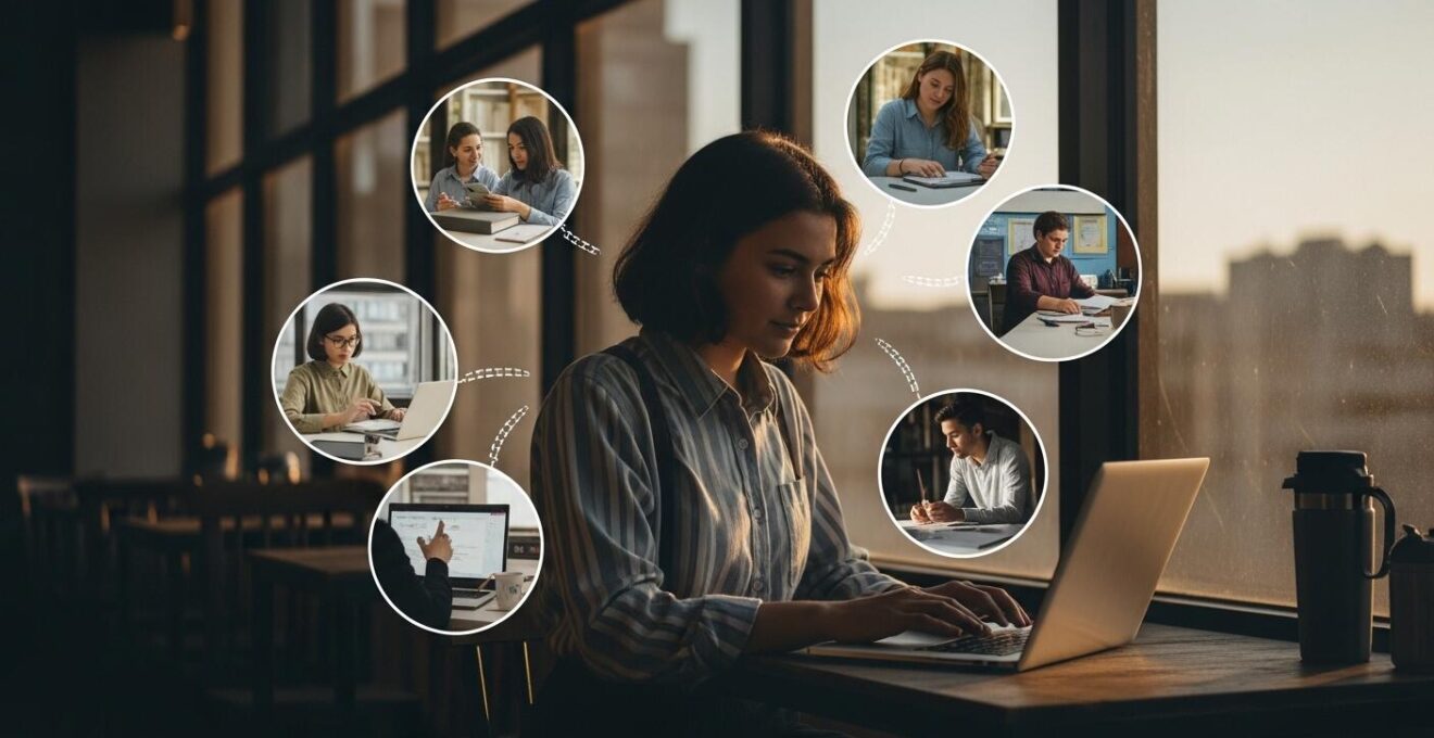 Illustration humaniste montrant un étudiant en année de césure développant ses compétences et expériences diverses