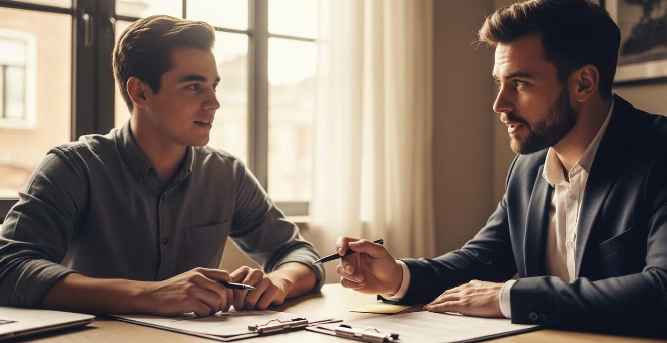 Entretien entre un apprenti et son tuteur discutant des droits et devoirs dans un cadre professionnel convivial.