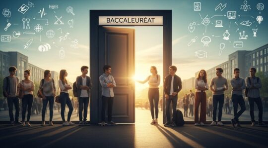 Une porte ouverte symbolisant le bac comme une porte d'entrée vers différentes voies d'études, avec des jeunes devant réfléchissant à leur orientation