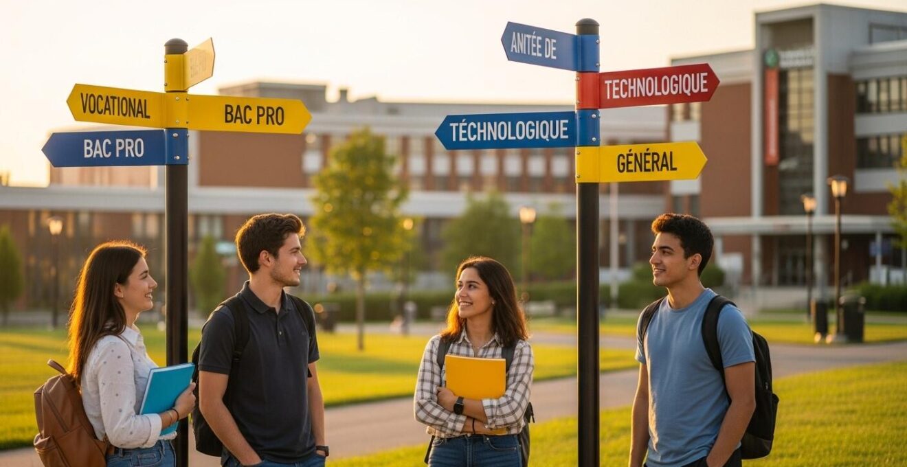 Photo montrant trois jeunes étudiants sur un campus, symbolisant les trois voies du bac avec des flèches indiquant différentes passerelles vers le supérieur