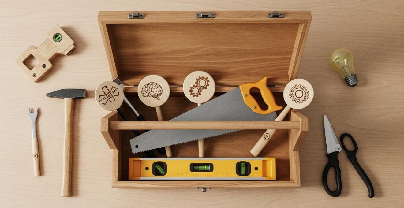 Boîte à outils symbolique contenant des objets représentant différentes théories professionnelles.
