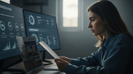 Étudiant analysant des brochures d'établissements et des graphiques de classement avec une expression réfléchie