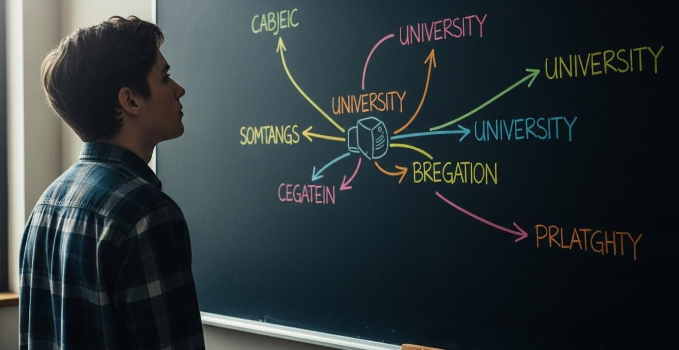 Un lycéen réfléchissant devant un tableau avec des spécialités scolaires, symbolisant le choix stratégique pour Parcoursup