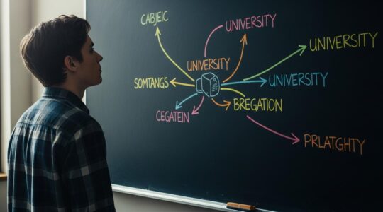 Un lycéen réfléchissant devant un tableau avec des spécialités scolaires, symbolisant le choix stratégique pour Parcoursup