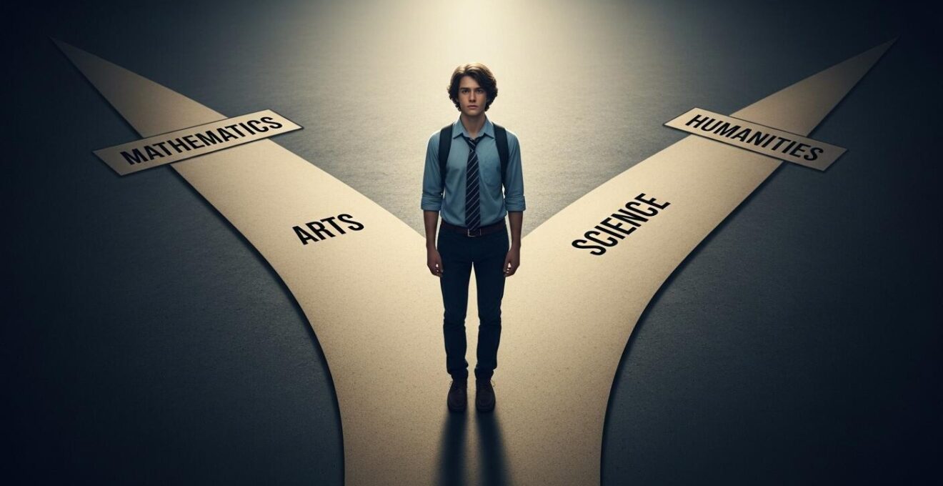 Un lycéen en réflexion devant deux chemins symbolisant l’abandon stratégique d’une spécialité pour optimiser son avenir