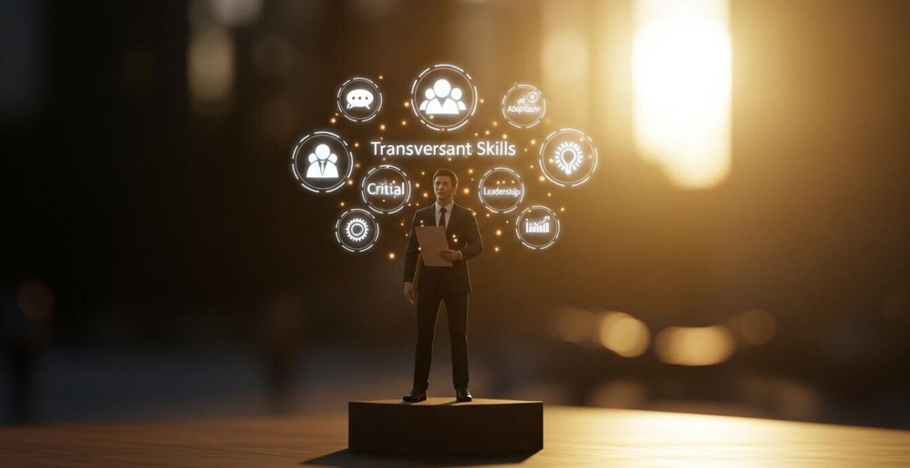 Une image symbolique représentant un candidat avec des compétences variées, illustrant le concept de compétences transversales précieuses pour se démarquer