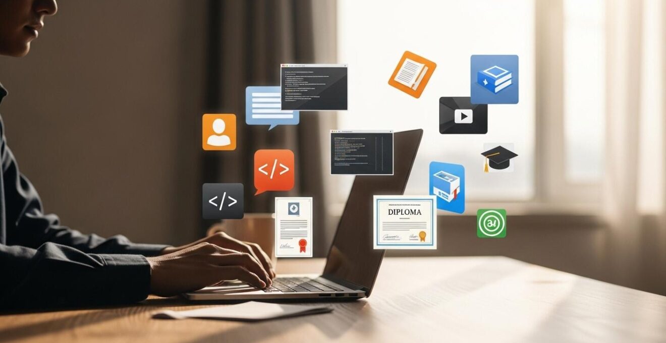 Une personne devant un ordinateur entourée de livres, d'icônes digitales symbolisant des ressources d'apprentissage en ligne, montrant la construction personnalisée de savoirs