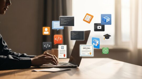 Une personne devant un ordinateur entourée de livres, d'icônes digitales symbolisant des ressources d'apprentissage en ligne, montrant la construction personnalisée de savoirs