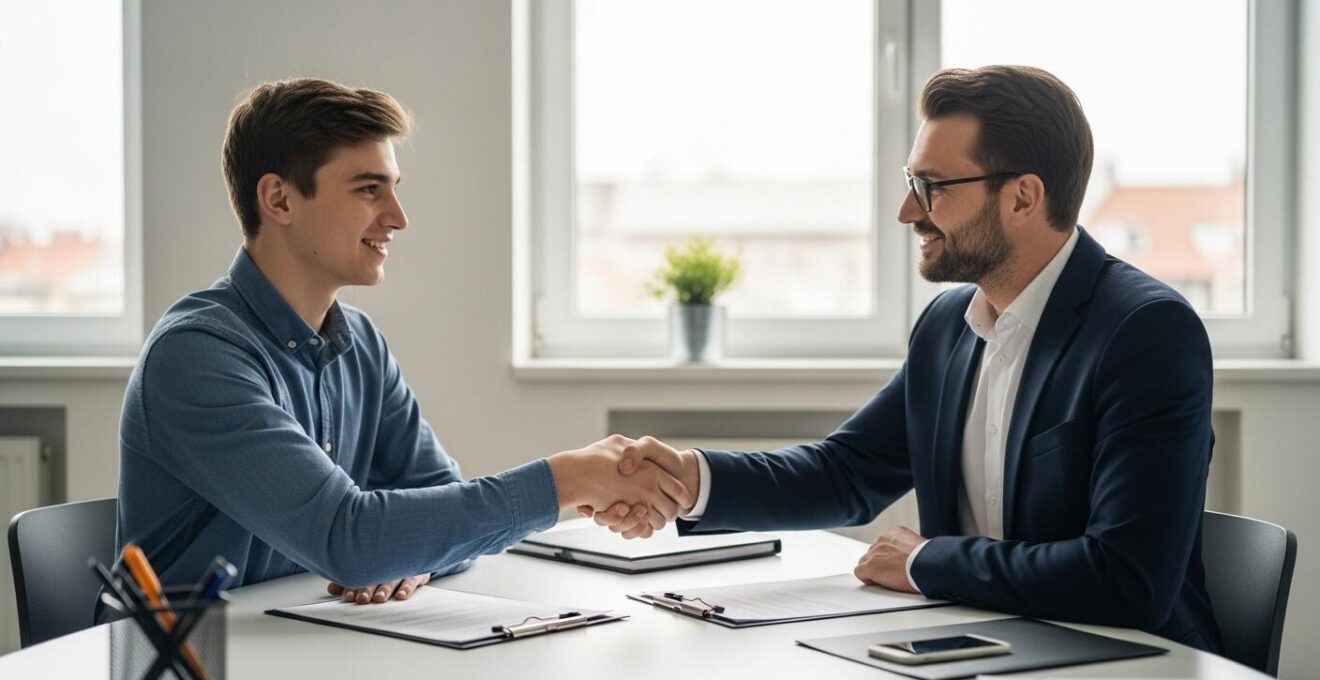 Jeune apprenti en discussion professionnelle avec un employeur dans un environnement de bureau moderne symbolisant la négociation du contrat d'apprentissage vers un CDI.