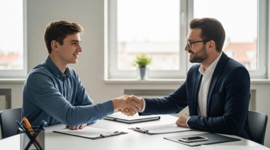 Jeune apprenti en discussion professionnelle avec un employeur dans un environnement de bureau moderne symbolisant la négociation du contrat d'apprentissage vers un CDI.