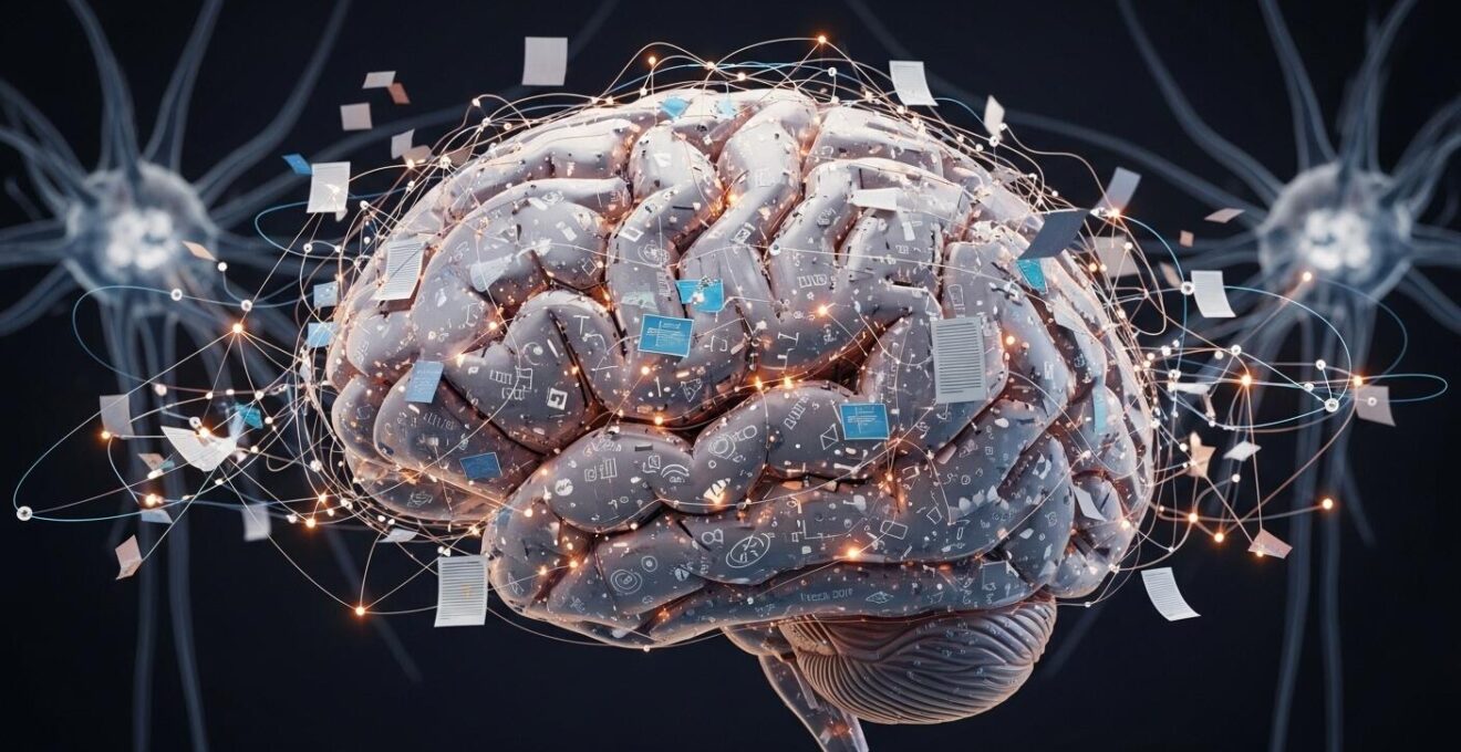 Illustration symbolique représentant un cerveau humain connecté à des notes numériques sur un écran d’ordinateur