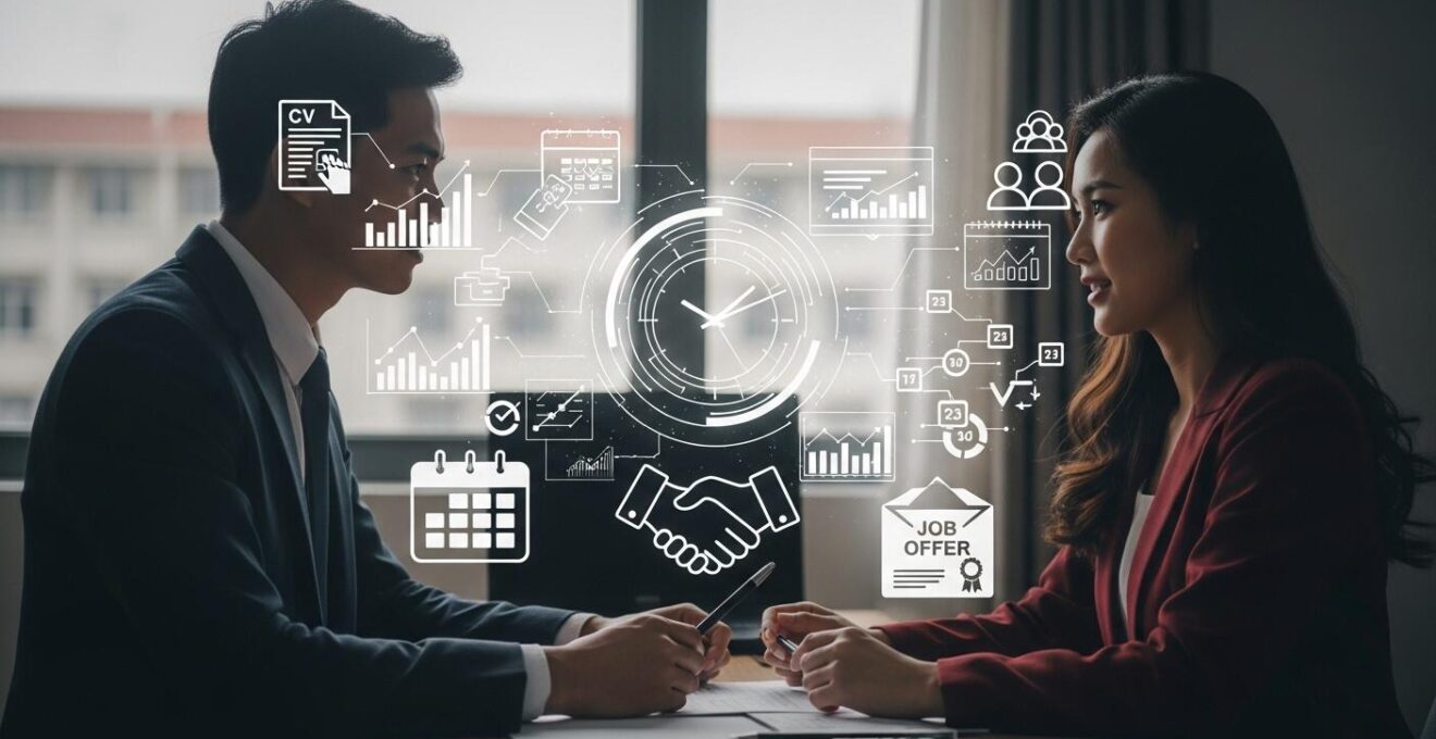 Illustration symbolique d'un processus de recrutement dévoilé, avec un recruteur et un candidat entourés d'éléments typiques de l'embauche
