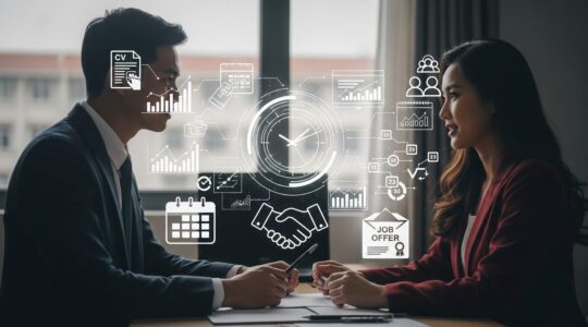 Illustration symbolique d'un processus de recrutement dévoilé, avec un recruteur et un candidat entourés d'éléments typiques de l'embauche