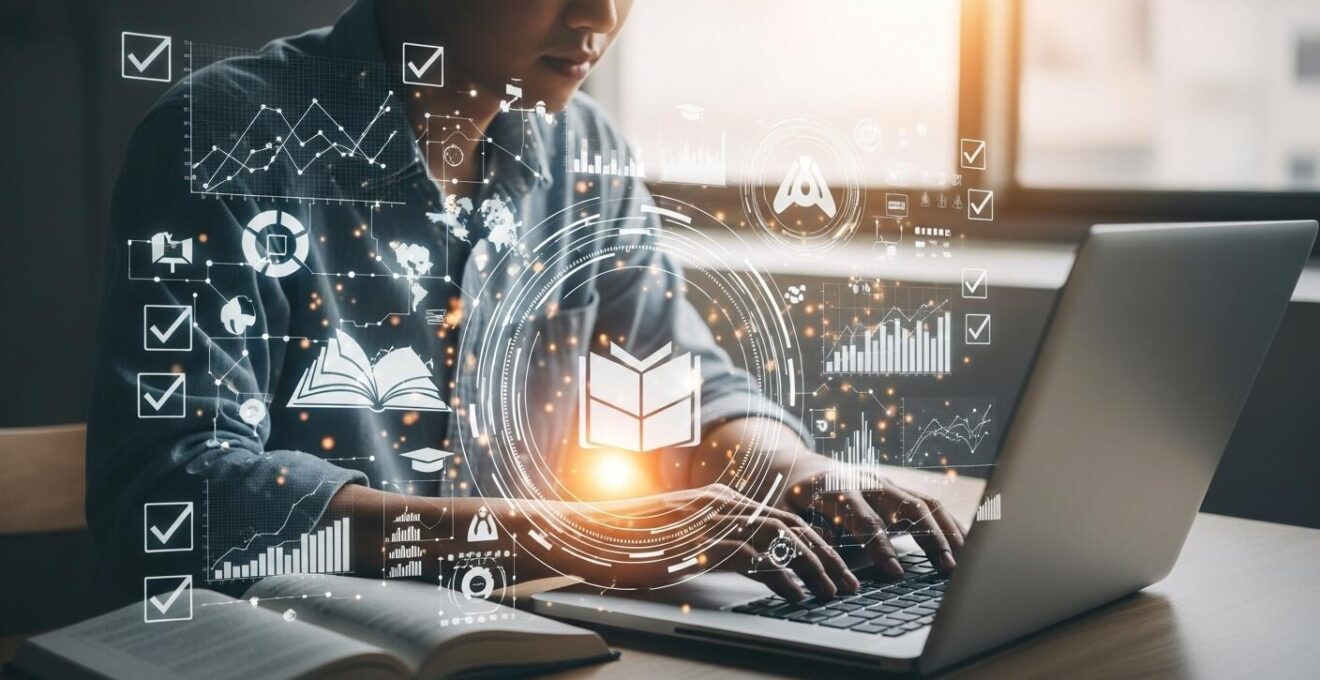 Illustration symbolique d'une personne concentrée devant un ordinateur entourée d'éléments symbolisant la réussite de la formation en ligne