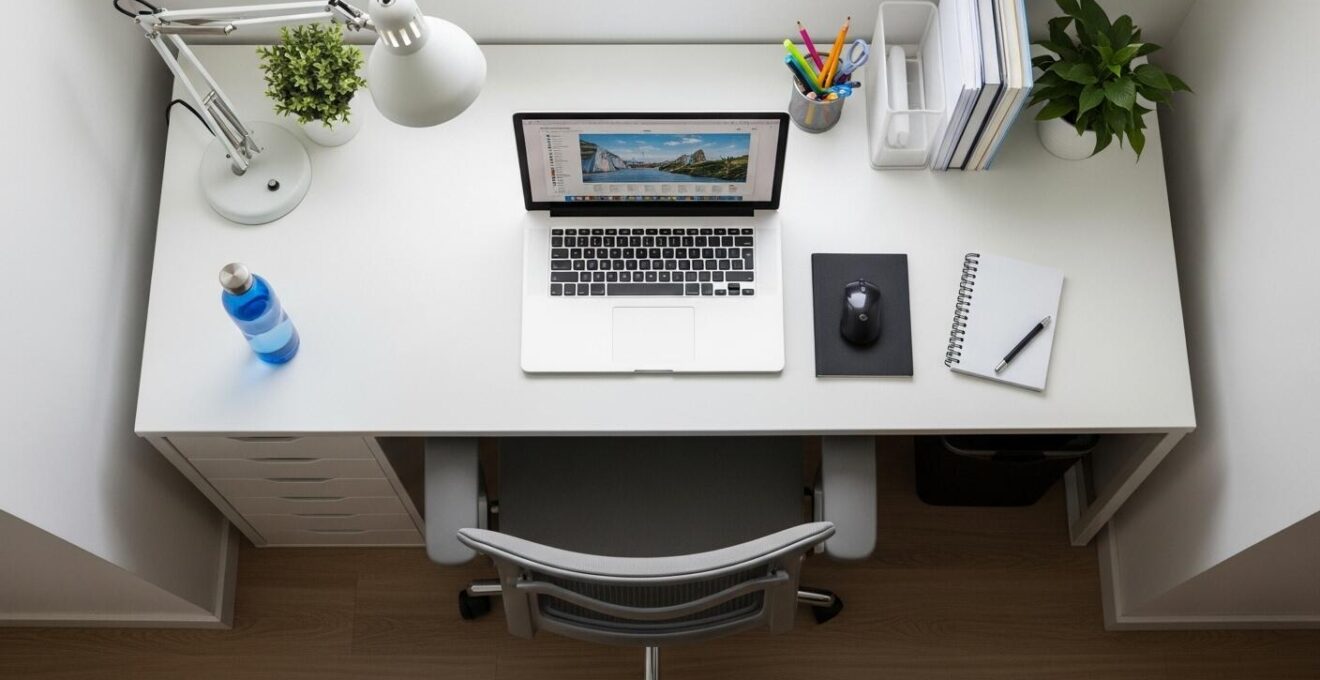 Vue aérienne d'un bureau d'étudiant bien organisé avec ordinateur, lampadaire, plantes, bouteille d'eau et cahier, illustrant un environnement de travail sain.