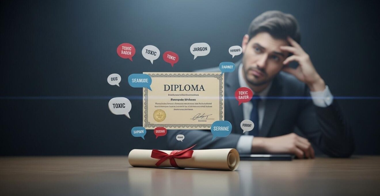 Illustration conceptuelle montrant un diplôme entouré de bulles de texte toxiques et jargon, avec un recruteur confus en arrière-plan