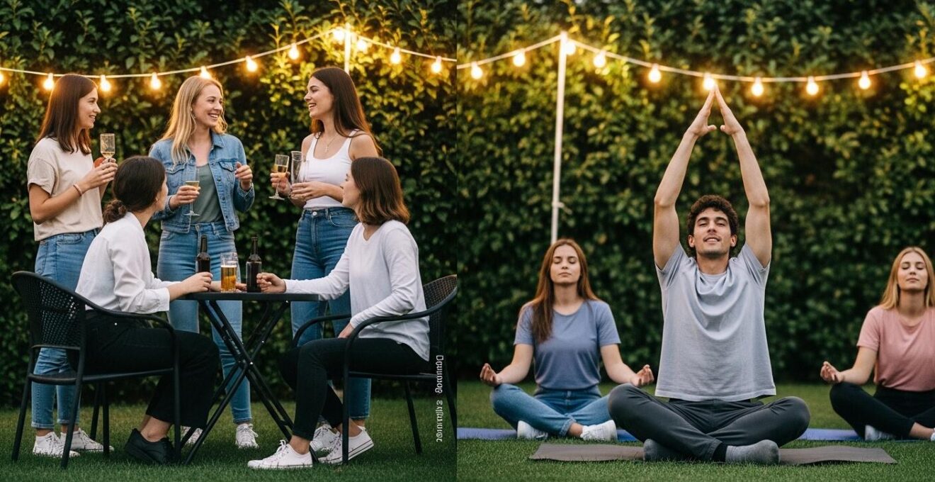Groupe d’étudiants en soirée, deux rient et discutent, trois autres pratiquent une activité relaxante ensemble en arrière-plan.