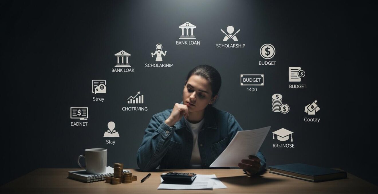Étudiant évaluant différentes options de financement pour son école de commerce avec des symboles monétaires autour.