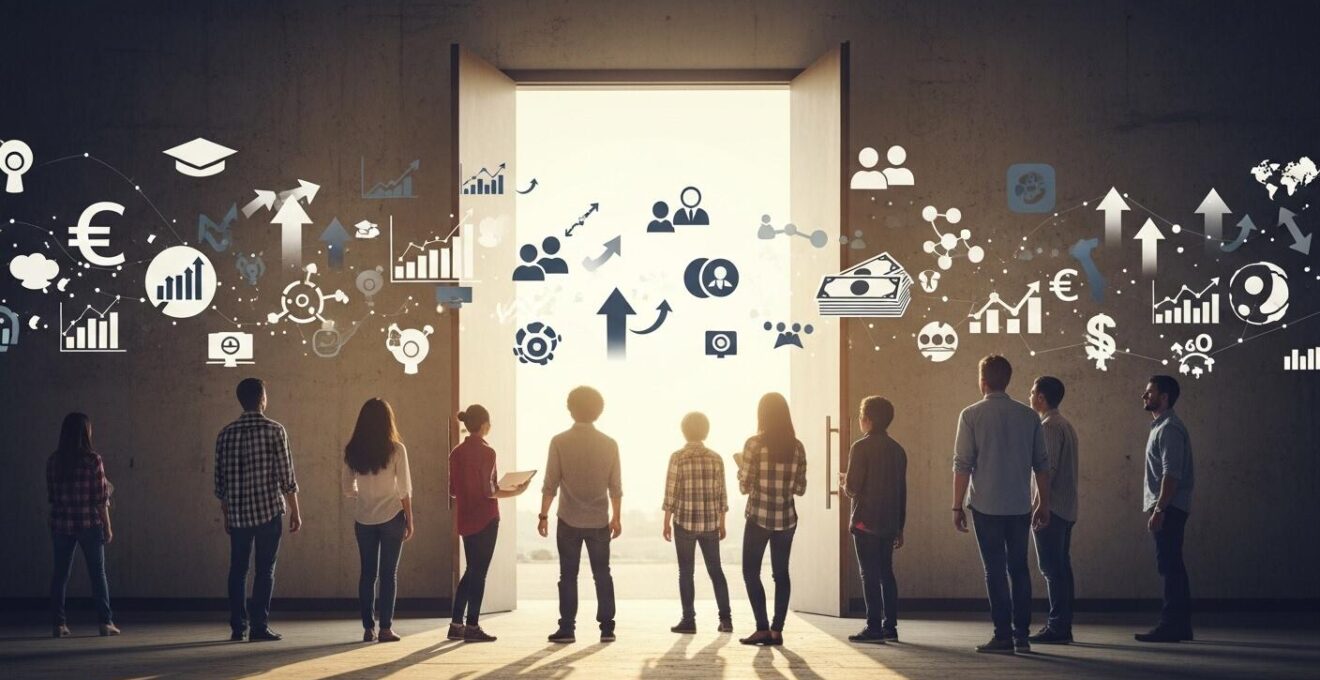 Image symbolique montrant des étudiants mêlant concepts d'économie, sociologie et gestion, ouvrant des portes vers des écoles supérieures.