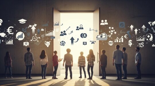 Image symbolique montrant des étudiants mêlant concepts d'économie, sociologie et gestion, ouvrant des portes vers des écoles supérieures.