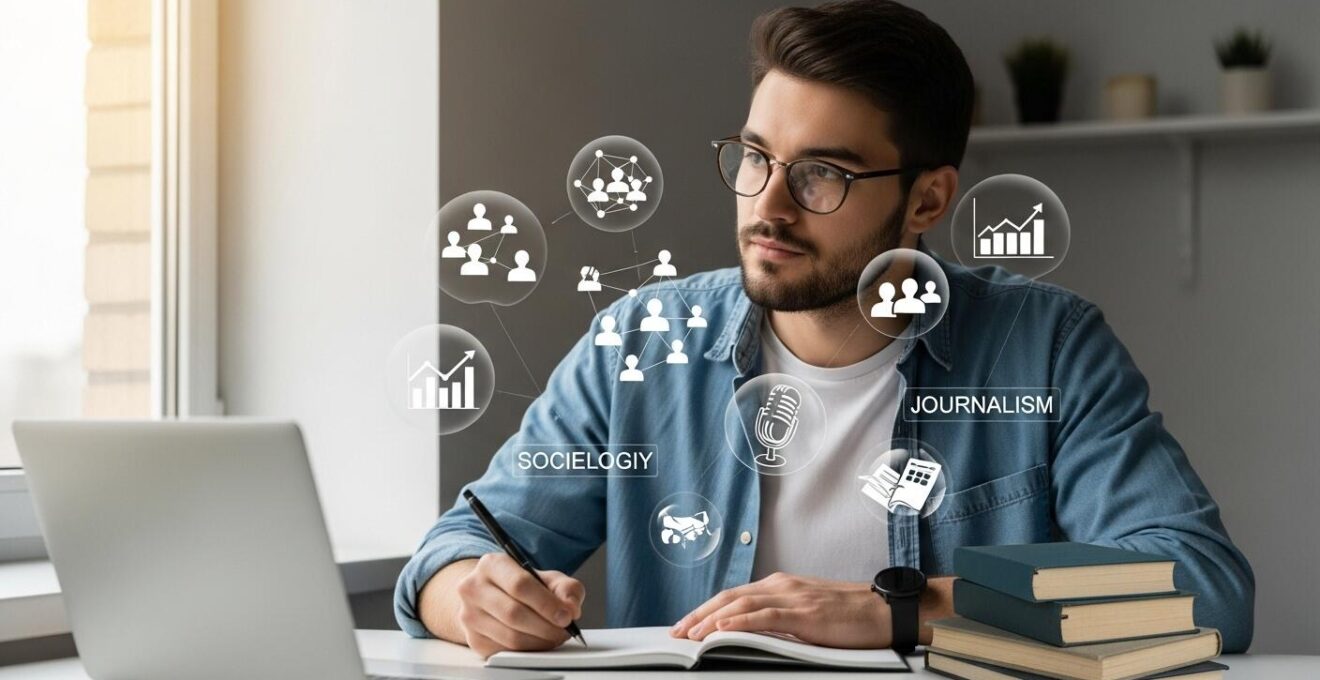Étudiant réfléchissant avec des symboles de sciences sociales et médias autour, préparant un oral en école de journalisme.