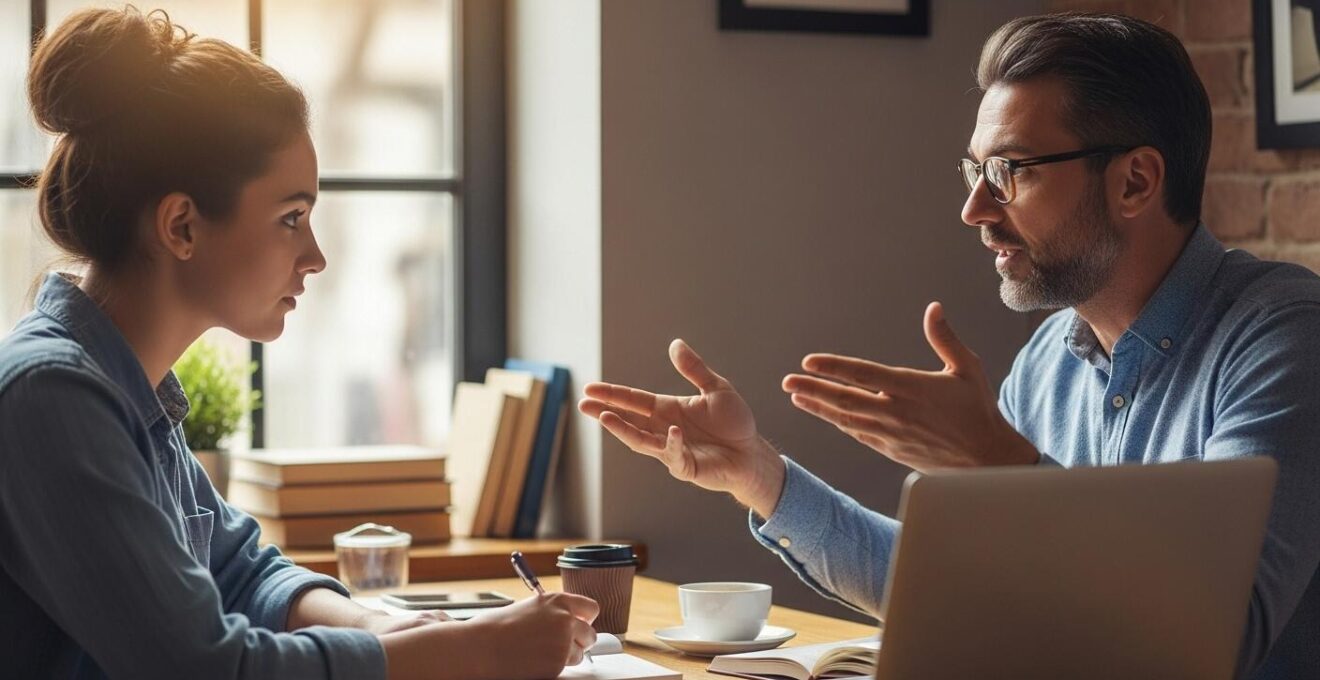 Image illustrant un entretien entre un jeune en question et un professionnel dans un cadre convivial et réaliste