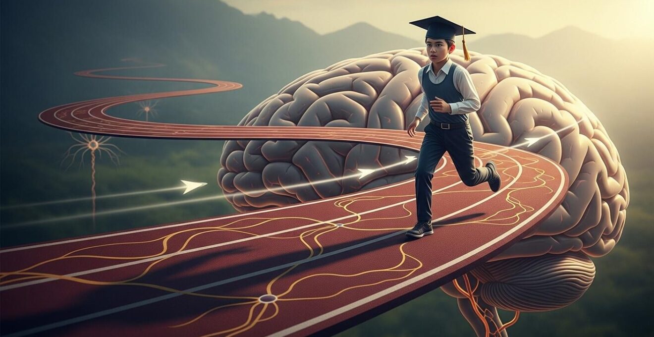 Image symbolique représentant un étudiant en classe préparatoire engagé dans une course de fond mentale, symbolisant l'effort, la concentration et la persévérance sur une longue durée.