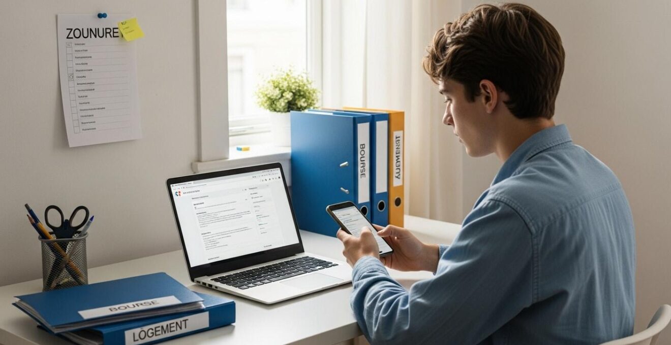 Futur étudiant planifiant ses démarches administratives et recherches de logement sur son ordinateur et smartphone, carnet ouvert devant lui.