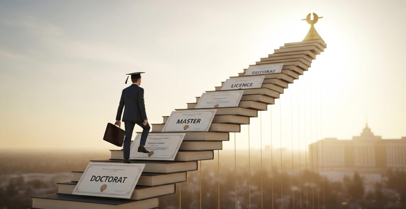 Illustration symbolisant le parcours d'études universitaires avec des diplômes en progression vers une carrière professionnelle réussie