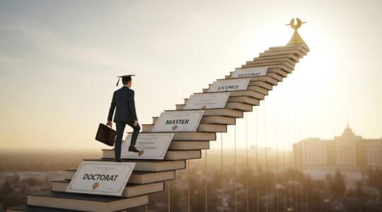 Illustration symbolisant le parcours d'études universitaires avec des diplômes en progression vers une carrière professionnelle réussie