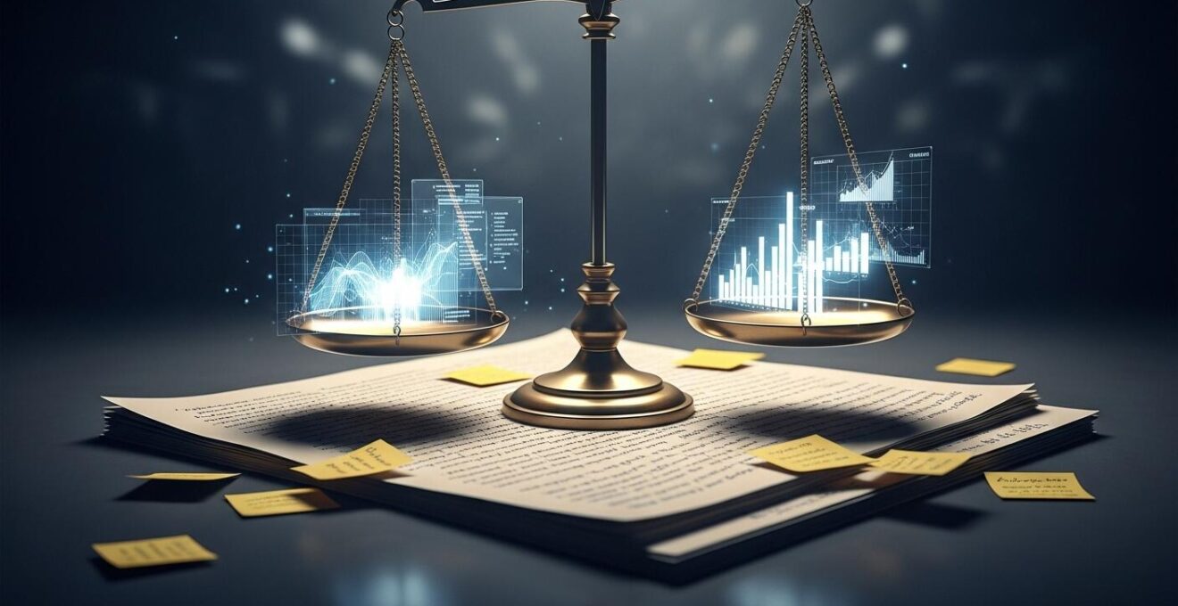 Illustration symbolique d’un dossier Parcoursup avec des notes, appréciations, et une balance symbolisant la sélection humaine et algorithmique