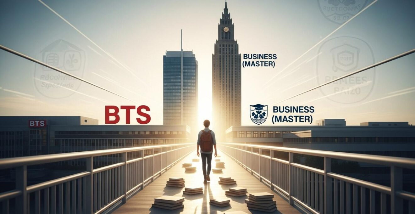 Illustration symbolique représentant le passage lumineux d'un étudiant de BTS vers un master d'école de commerce
