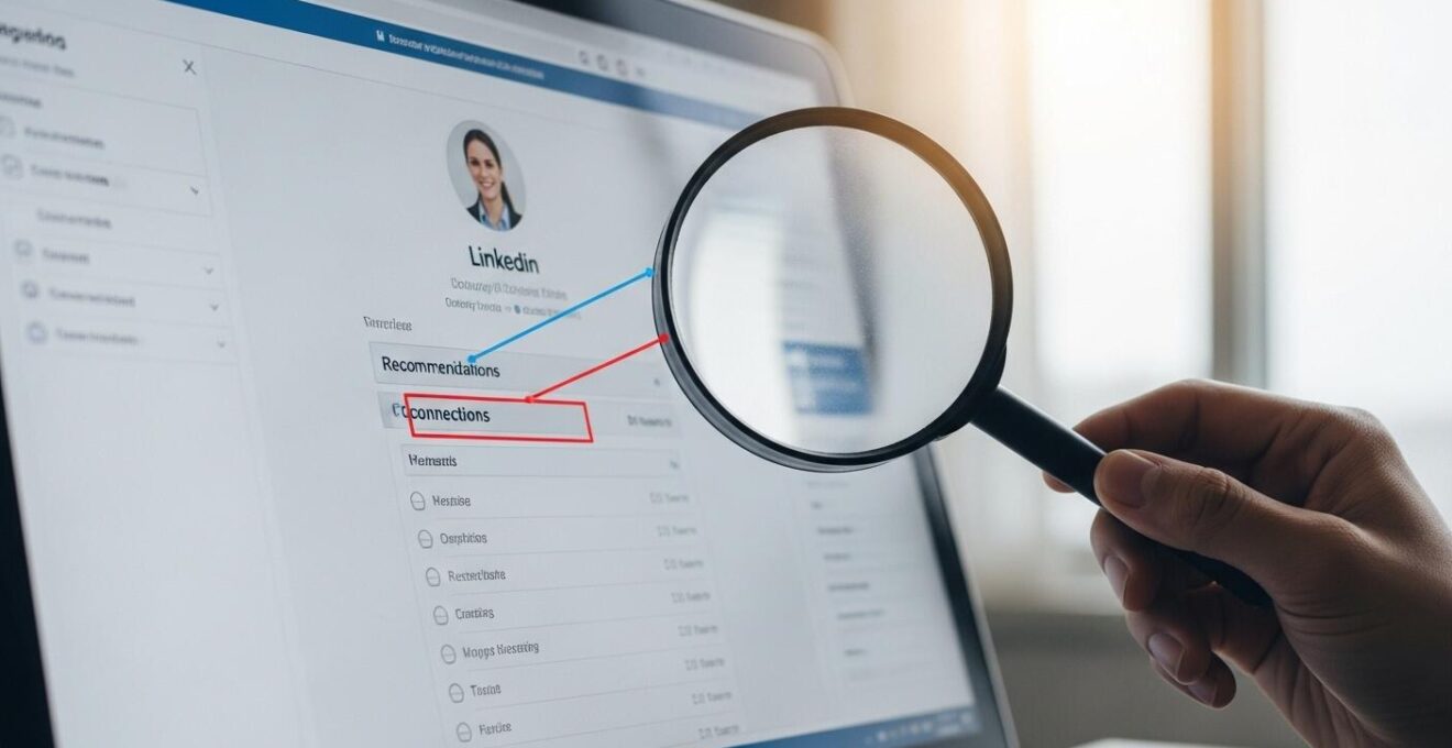 Illustration montrant un recruteur consultant un profil LinkedIn et une loupe sur des avis et recommandations, symbolisant la vérification en coulisses