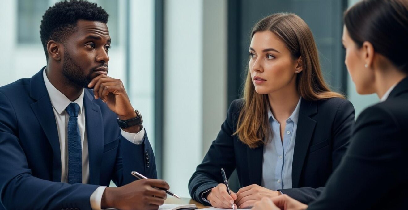 Illustration symbolique d’un candidat face à un recruteur posant une question piège, avec un focus sur la maîtrise de la réponse
