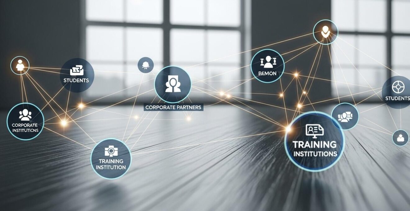 Illustration d’un réseau interconnecté entre étudiants, entreprises et formations, symbolisant la professionnalisation