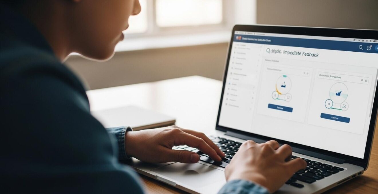 Un étudiant concentré devant un écran d’ordinateur avec un quiz interactif en cours, montrant l’engagement actif et le feedback immédiat