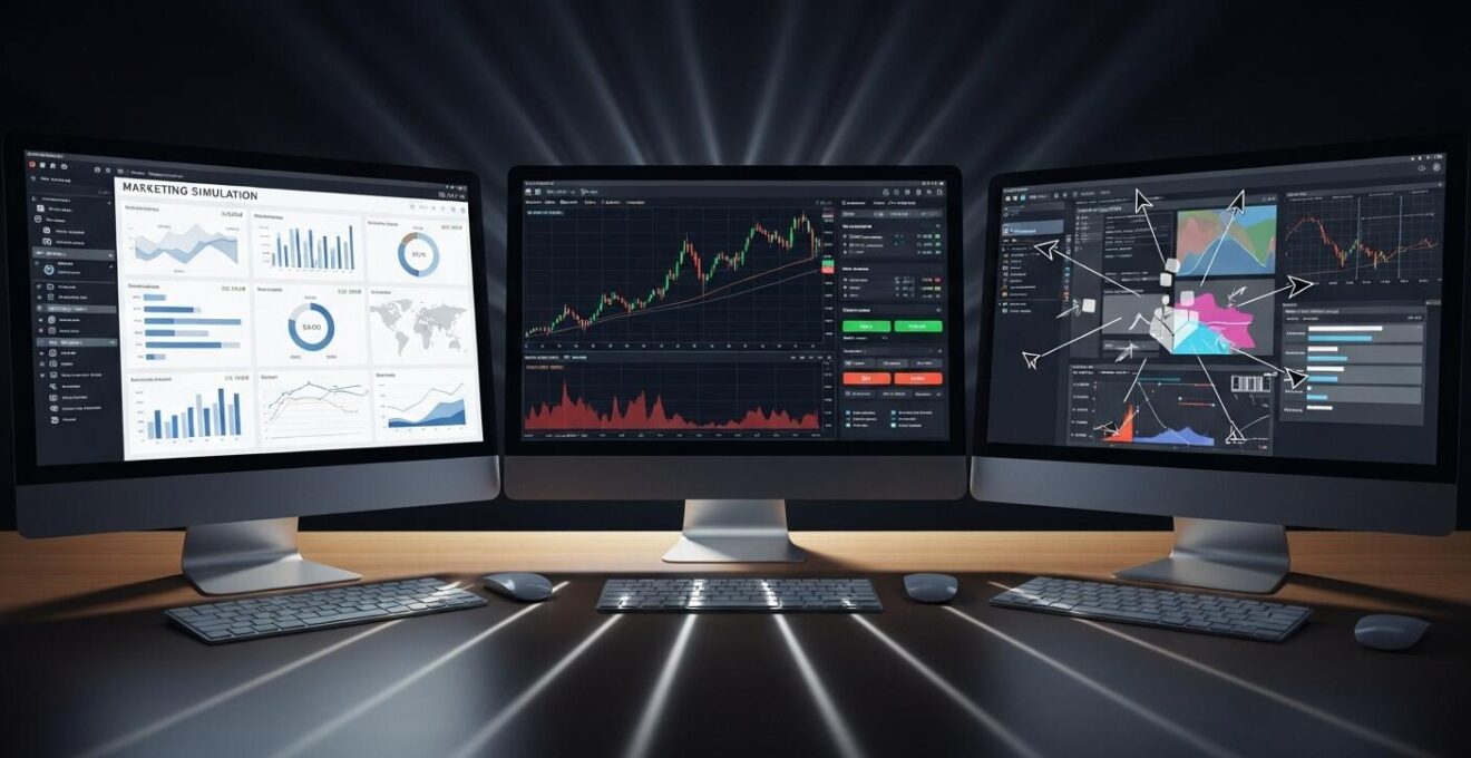 Illustration représentant des écrans d’ordinateurs affichant des simulateurs de marketing, un tableau financier interactif, et un défi de design graphique collaboratif