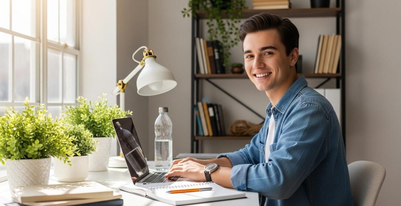 Étudiant souriant travaillant sur ordinateur portable dans un espace lumineux et organisé, entouré de plantes et de notes, symbolisant l'équilibre entre autonomie et bien-être.