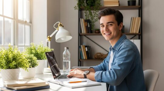 Étudiant souriant travaillant sur ordinateur portable dans un espace lumineux et organisé, entouré de plantes et de notes, symbolisant l'équilibre entre autonomie et bien-être.