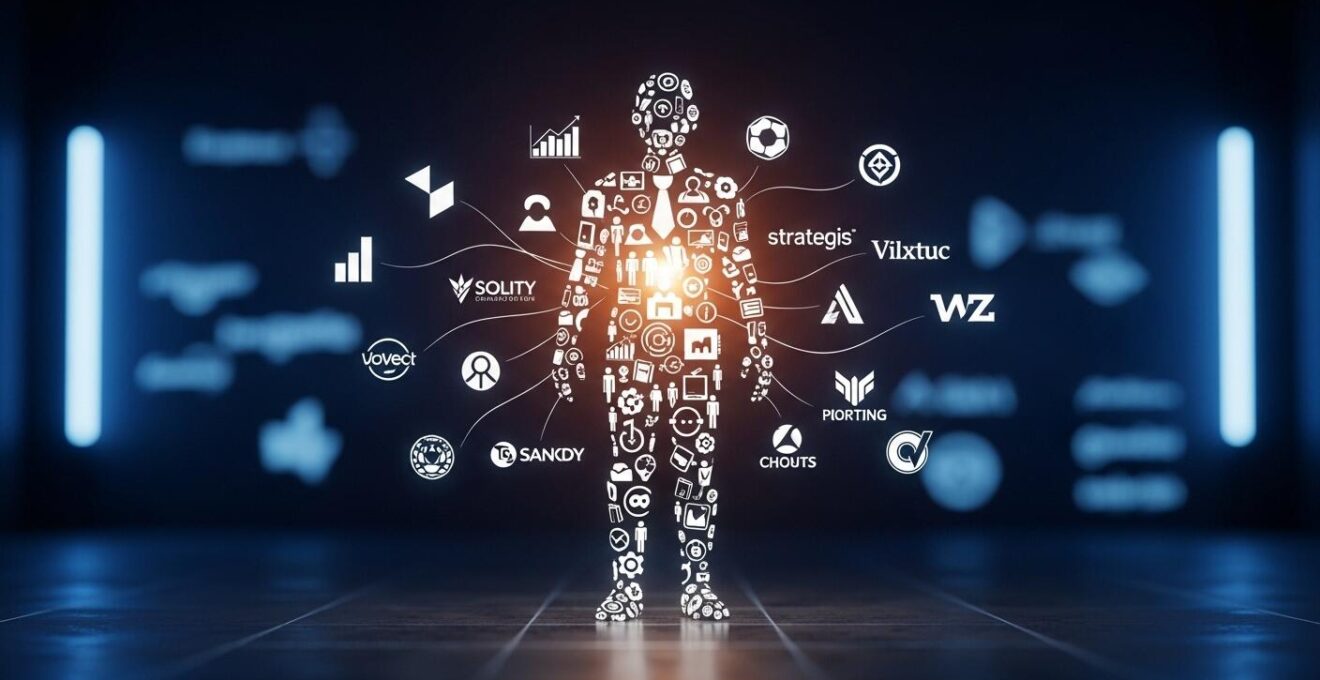Une silhouette humaine formée d'icônes représentant des compétences et des éléments stratégiques entourée de logos d'entreprises modernes, symbolisant l'employabilité comme une stratégie.