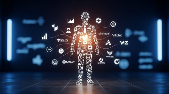 Une silhouette humaine formée d'icônes représentant des compétences et des éléments stratégiques entourée de logos d'entreprises modernes, symbolisant l'employabilité comme une stratégie.