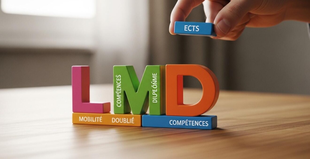 Représentation symbolique du système LMD comme un jeu de construction modulaire, avec des blocs de différentes couleurs et formes s'assemblant pour former un parcours éducatif personnalisé.