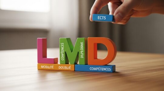 Représentation symbolique du système LMD comme un jeu de construction modulaire, avec des blocs de différentes couleurs et formes s'assemblant pour former un parcours éducatif personnalisé.