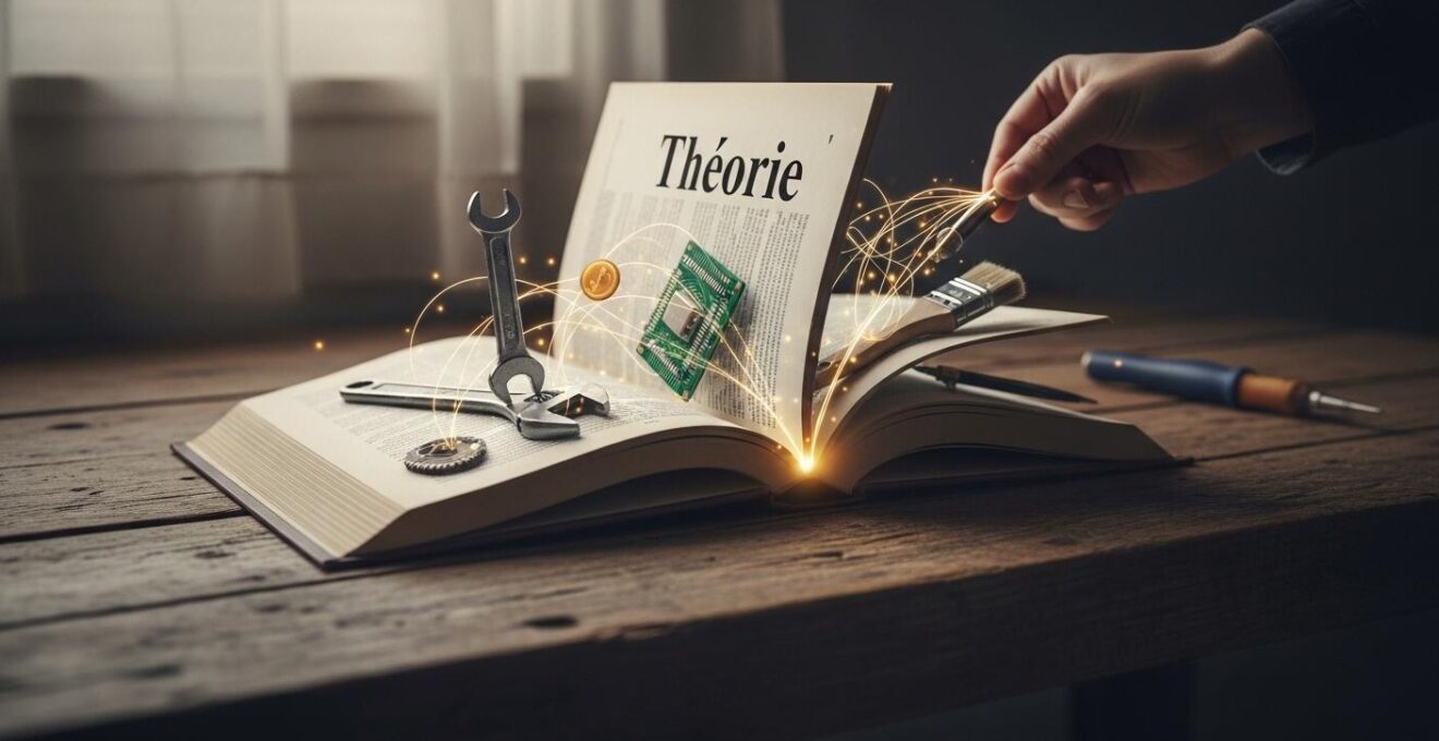 Illustration symbolique montrant la transformation d'un livre de théorie en outils concrets de travail.