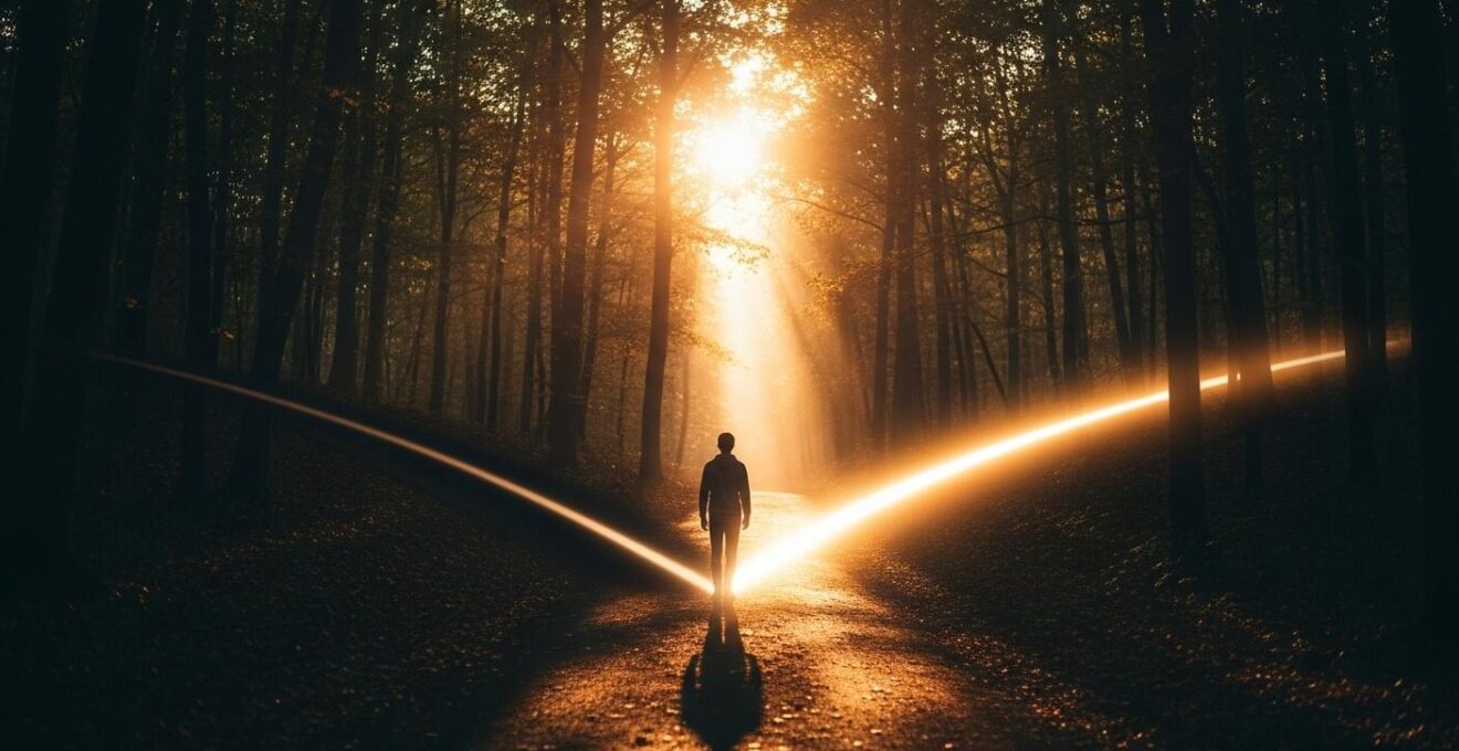 Image symbolique d’une personne marchant sur un chemin bifurqué, choisissant une voie lumineuse après un détour sombre, symbole de réorientation positive