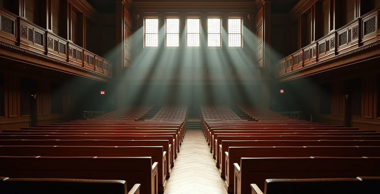 Amphithéâtre historique avec étudiants attentifs pendant un cours magistral