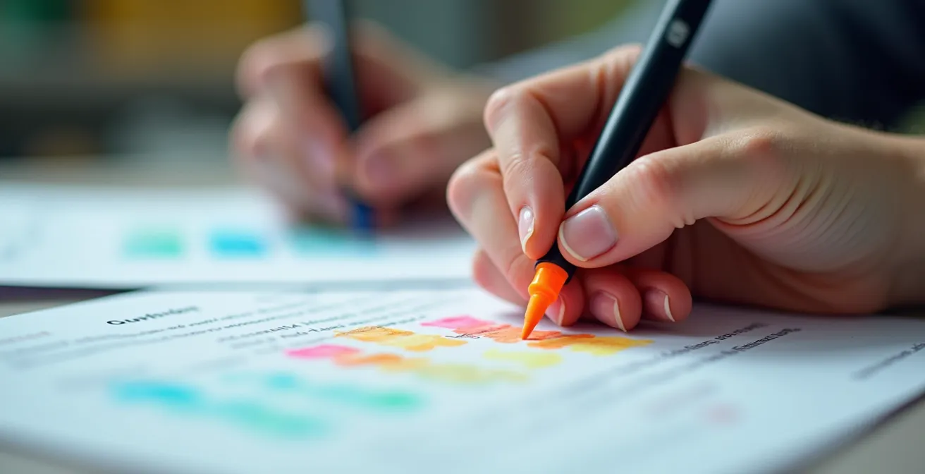 Gros plan sur des mains annotant des documents de rapports avec des surligneurs colorés, ambiance studieuse