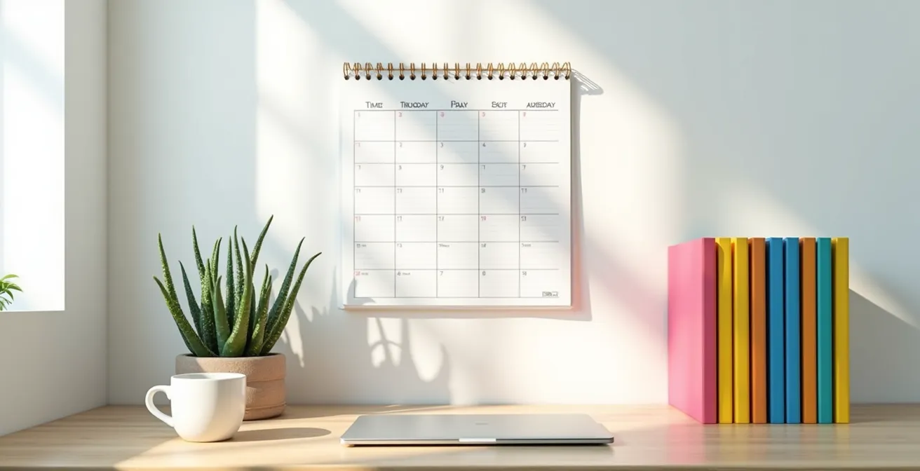 Bureau d'étudiant avec calendrier mural, ordinateur portable et dossiers de candidature organisés